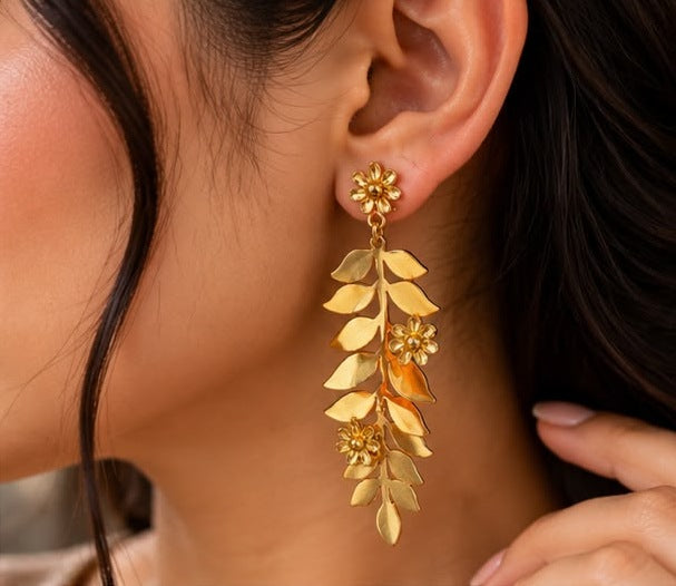 Golden Leaf & Blossom Drop Earrings