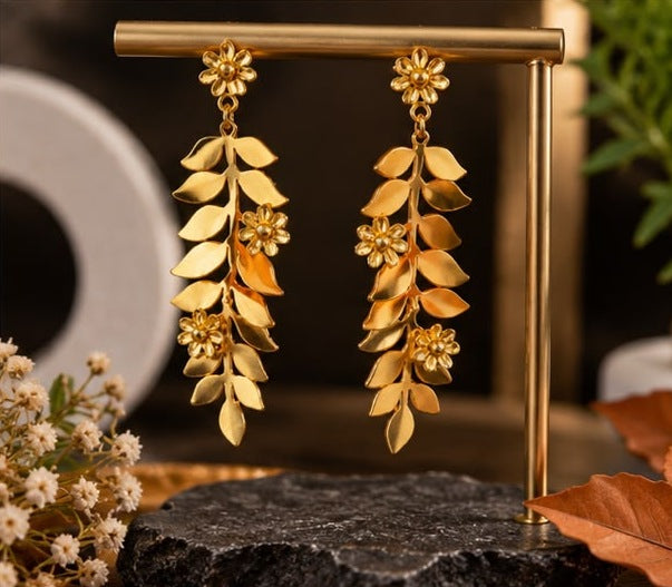 Golden Leaf & Blossom Drop Earrings