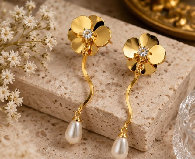 Golden Blossom Pearl Drop Earrings