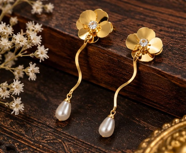 Golden Blossom Pearl Drop Earrings