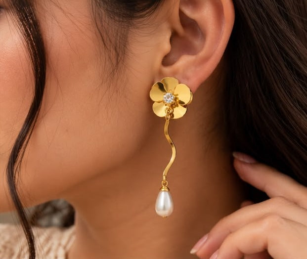 Golden Blossom Pearl Drop Earrings