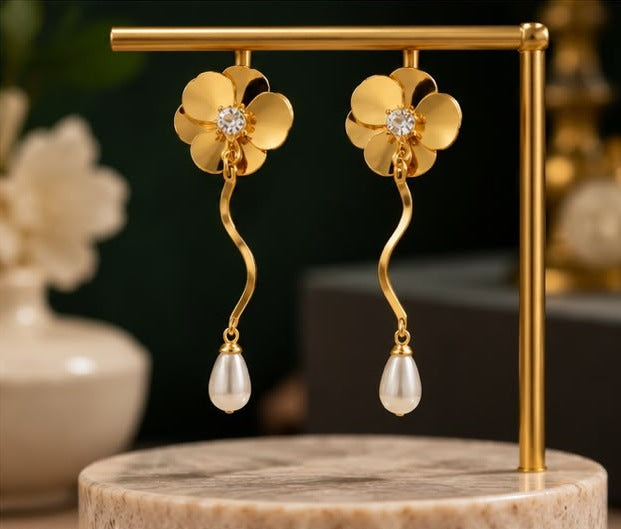 Golden Blossom Pearl Drop Earrings