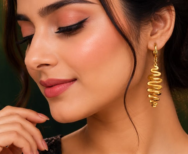 Golden Wave Hoop Drop Earrings