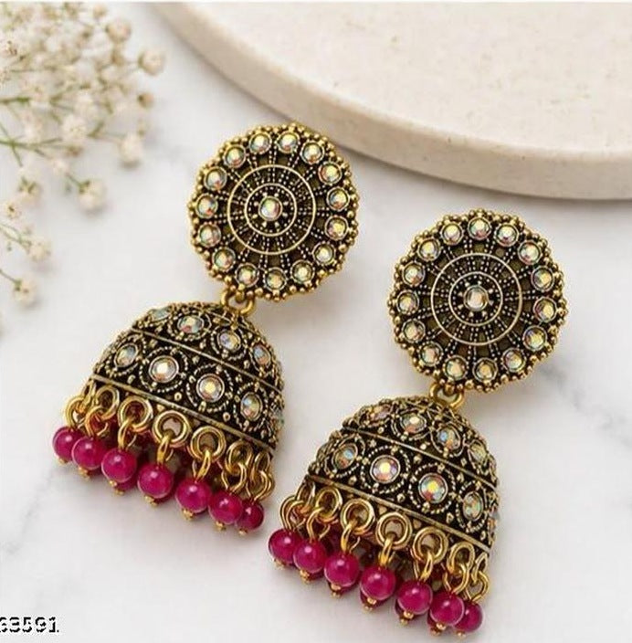 Pink Bead Dotted Dome Jhumka Earrings
