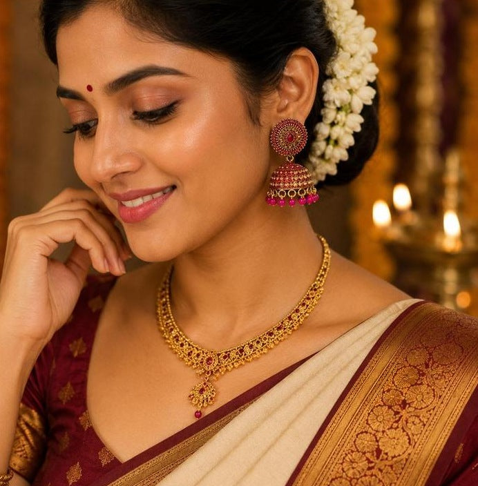 Pink Stone Gold Jhumka Earrings
