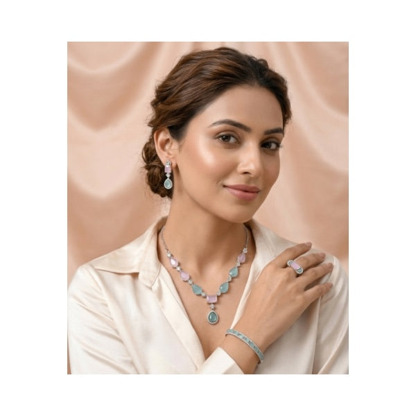 Pink & Sea Green American Diamond Pendant Set