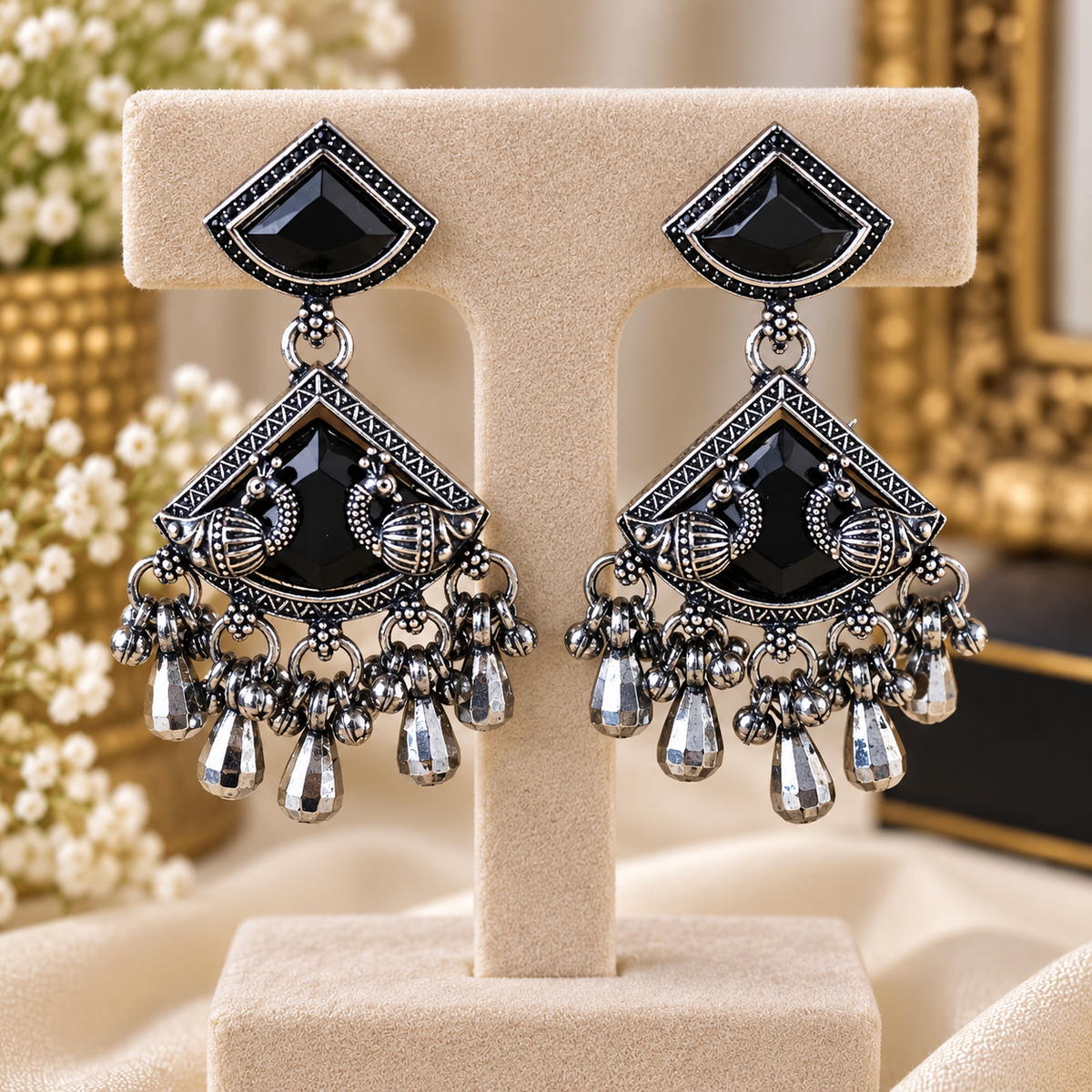 Onyx Stone Oxidised Silver Statement Earrings