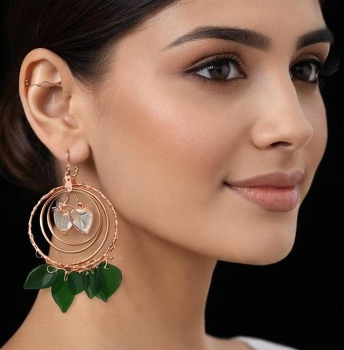 Rose Gold Hoop Earrings with Green Leaf Fringe