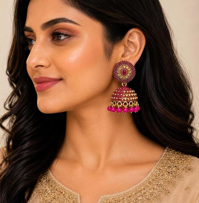 Ruby Pink Gold Jhumka Earrings