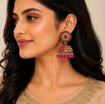 Ruby Pink Gold Jhumka Earrings