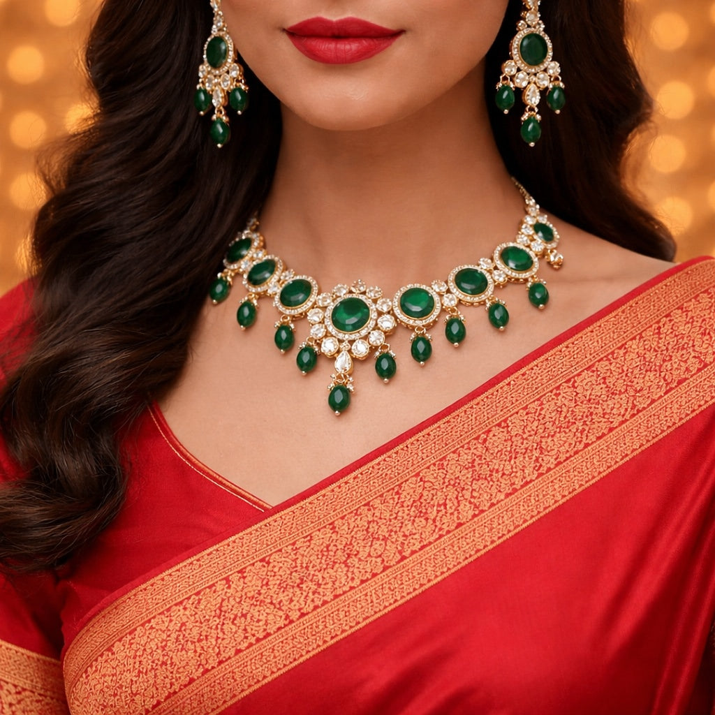 Emerald Monalisa Reverse AD Necklace Set with Maang Tikka