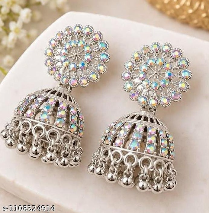 Silver Crystal Jhumka Earrings