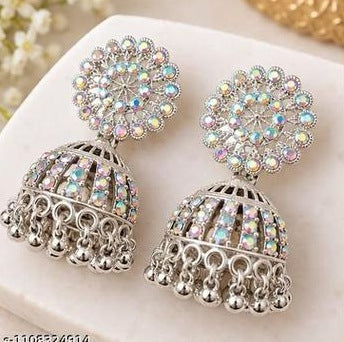 Silver Crystal Jhumka Earrings