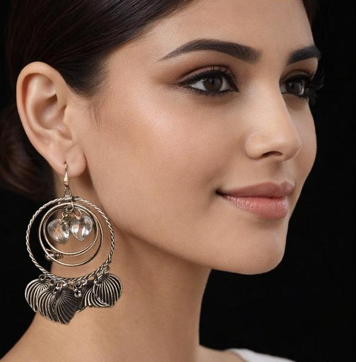 Silver Hoop Leaf Charm Earrings