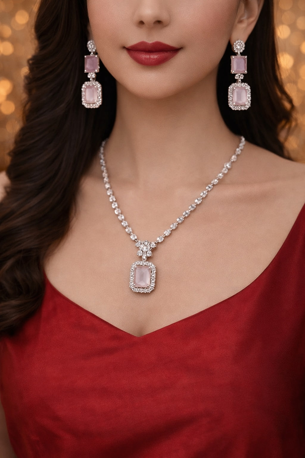 Blush Pink American Diamond Pendant Set with Earrings