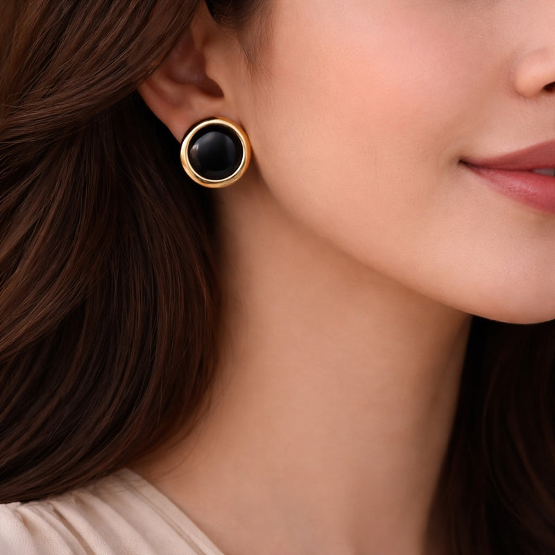 Noir Round Stud Earrings with Gold Border