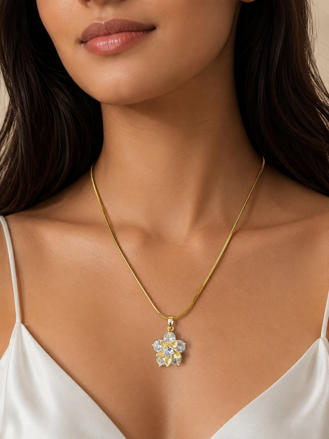 Floral Crystal Anti-Tarnish Pendant Necklace