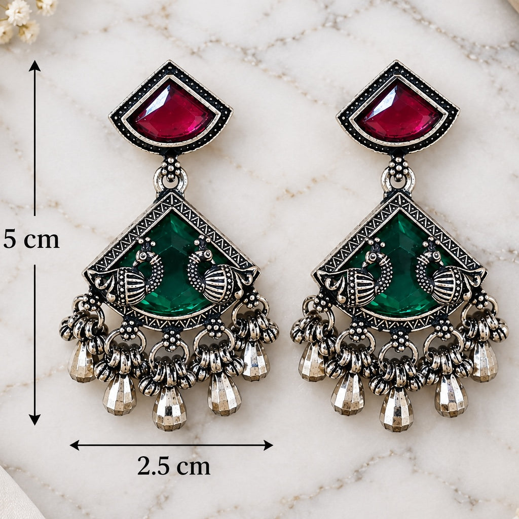 Ruby & Green Stone Oxidised Statement Earrings