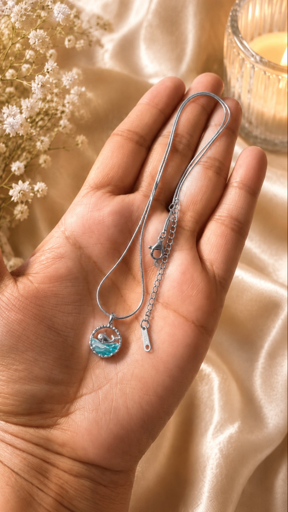 Ocean Wave Dolphin Pendant Necklace - Silver